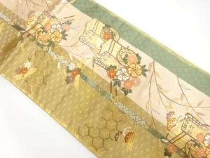縞に御所車・花筏模様織り出し　袋帯